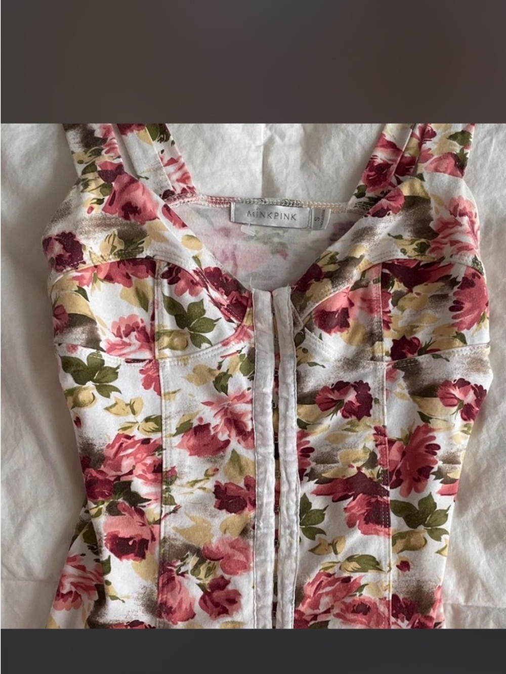 MINKPINK Floral Corset Top - White with Pink, Green & Yellow Rose Print